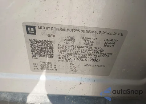 2020 Chevrolet Equinox Awd 2Fl z USA, uszkodzony, nr VIN 3GNAXTEVXLS726507